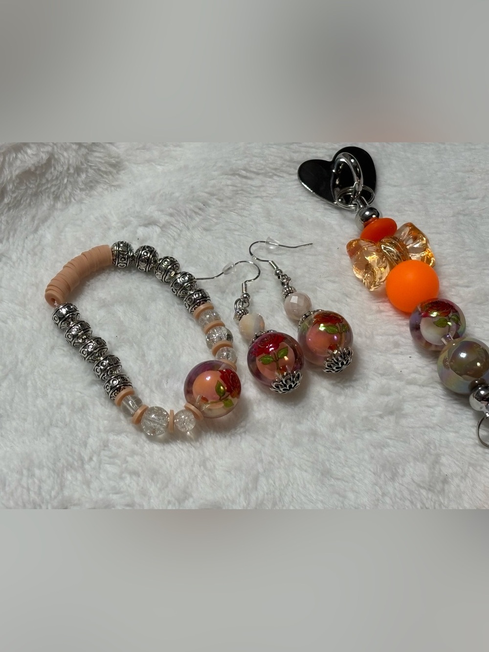 Peach Floral Rose Glass Bead Sterling Earrings, Bracelet, phone charm- Jewelry